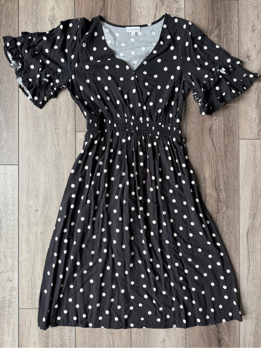 Luxology- Black Midi Ruffle Sleeve Dress with White Polka Dots (S)